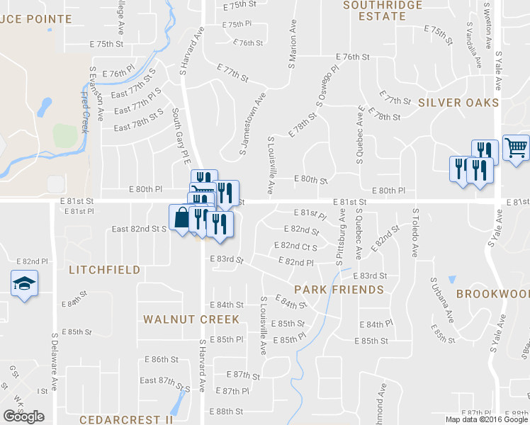 map of restaurants, bars, coffee shops, grocery stores, and more near 8017 South Louisville Avenue in Tulsa