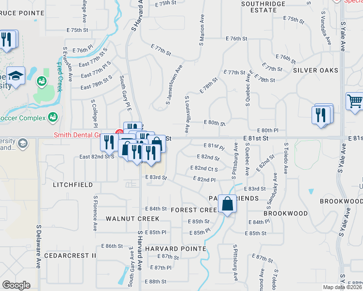 map of restaurants, bars, coffee shops, grocery stores, and more near 8020 South Louisville Avenue in Tulsa
