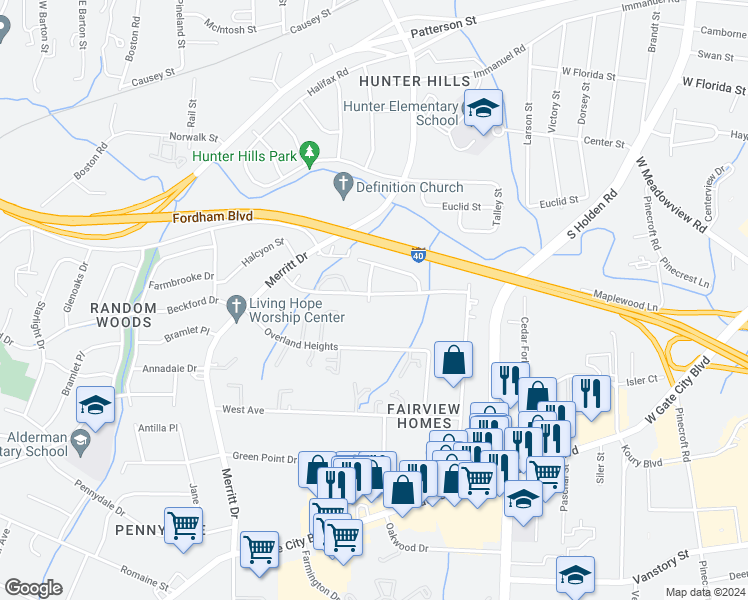 map of restaurants, bars, coffee shops, grocery stores, and more near 3717 Mosby Drive in Greensboro
