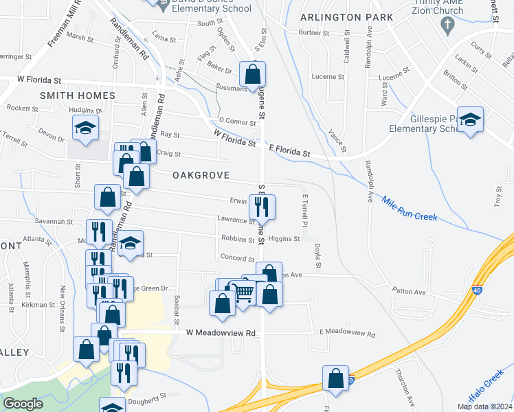 map of restaurants, bars, coffee shops, grocery stores, and more near 2200 South Elm-Eugene Street in Greensboro