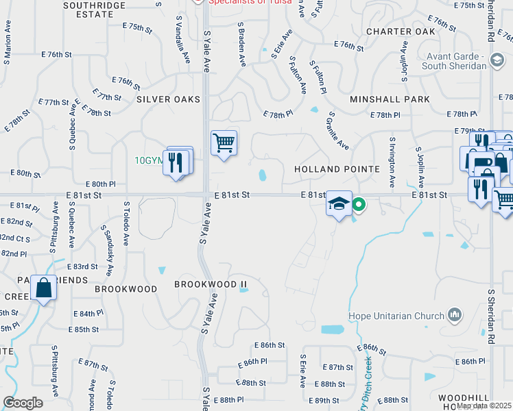 map of restaurants, bars, coffee shops, grocery stores, and more near 5202 East 81st Street in Tulsa
