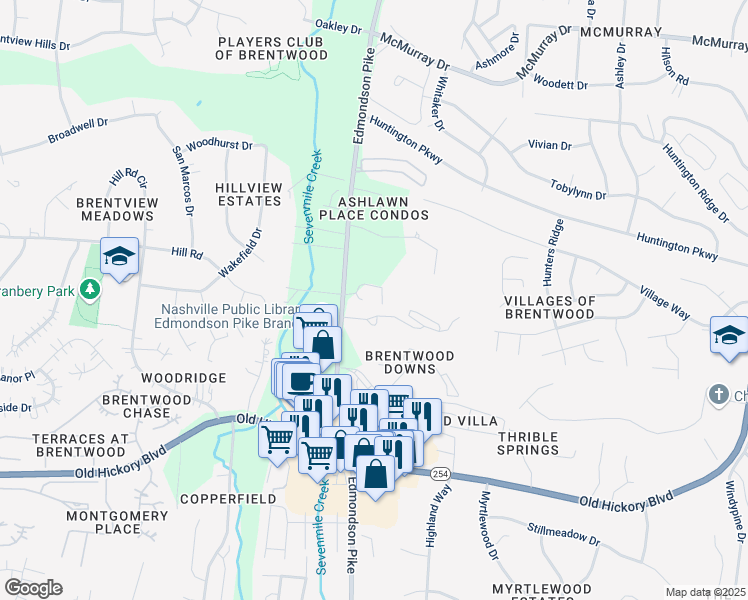 map of restaurants, bars, coffee shops, grocery stores, and more near 5436 Edmondson Pike in Nashville
