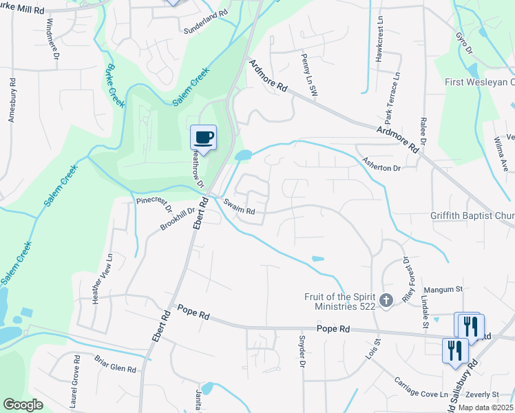 map of restaurants, bars, coffee shops, grocery stores, and more near 1908 Windy Point Court in Winston-Salem