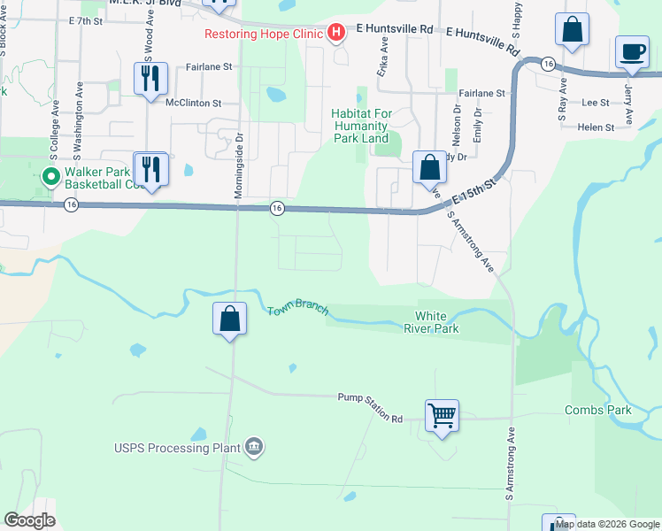 map of restaurants, bars, coffee shops, grocery stores, and more near 769-1261 East 15th Street in Fayetteville