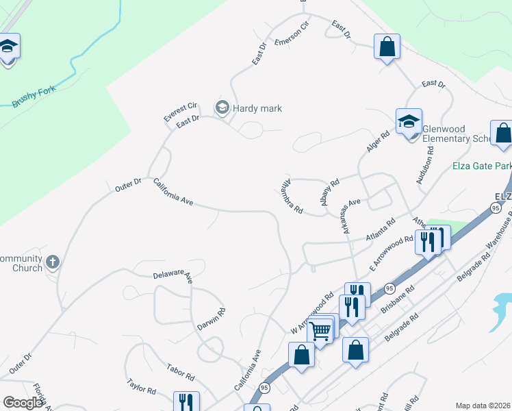 map of restaurants, bars, coffee shops, grocery stores, and more near 226 Alhambra Road in Oak Ridge