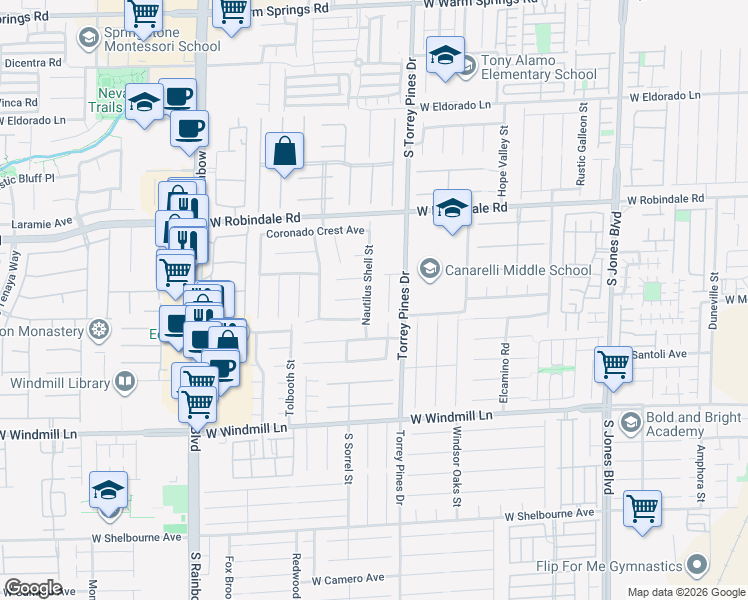 map of restaurants, bars, coffee shops, grocery stores, and more near 6569 Crown Rock Court in Las Vegas