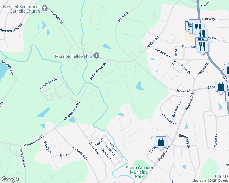 map of restaurants, bars, coffee shops, grocery stores, and more near 504 Sadia Trce in Graham