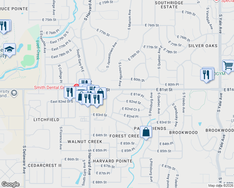 map of restaurants, bars, coffee shops, grocery stores, and more near 8120 South Louisville Avenue in Tulsa