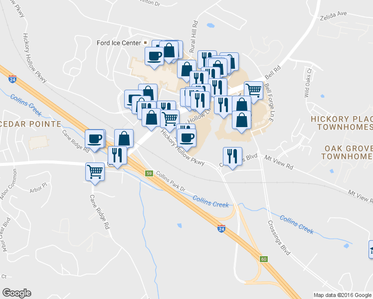 map of restaurants, bars, coffee shops, grocery stores, and more near 5318 Hickory Hollow Parkway in Nashville