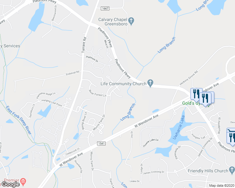 map of restaurants, bars, coffee shops, grocery stores, and more near 4615 Village Square Court in Greensboro