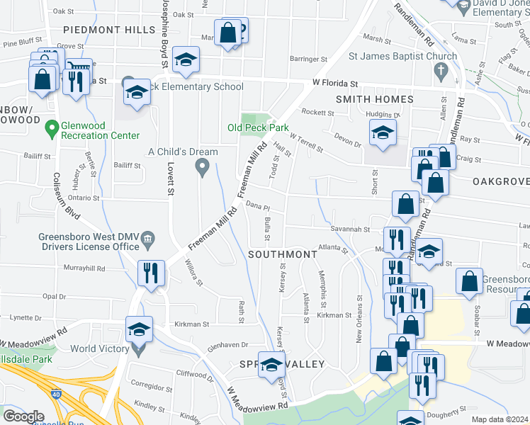 map of restaurants, bars, coffee shops, grocery stores, and more near 811 Dana Place in Greensboro