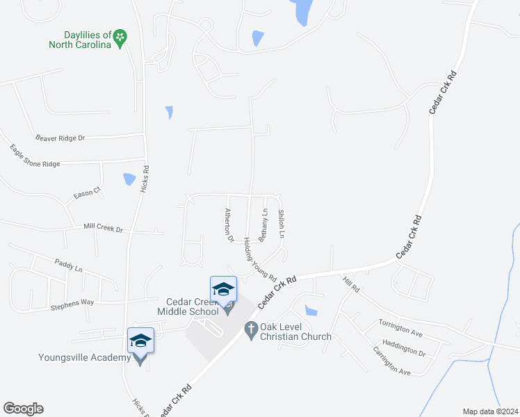 map of restaurants, bars, coffee shops, grocery stores, and more near 20 Bethany Lane in Youngsville