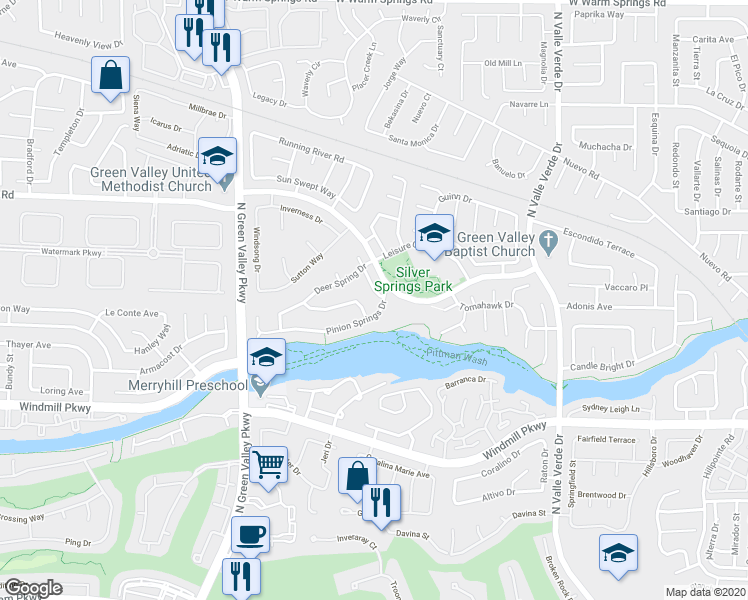 map of restaurants, bars, coffee shops, grocery stores, and more near 227 Crystal Springs Place in Henderson