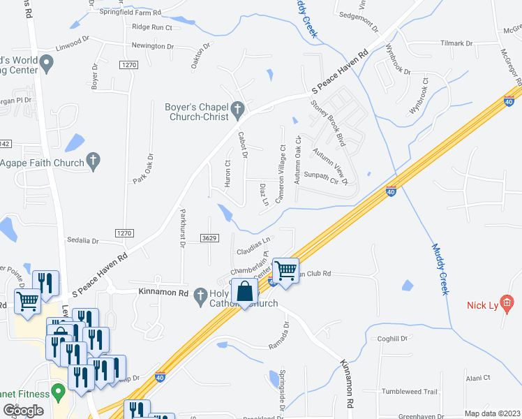 map of restaurants, bars, coffee shops, grocery stores, and more near 3075 Cameron Village Court in Winston-Salem