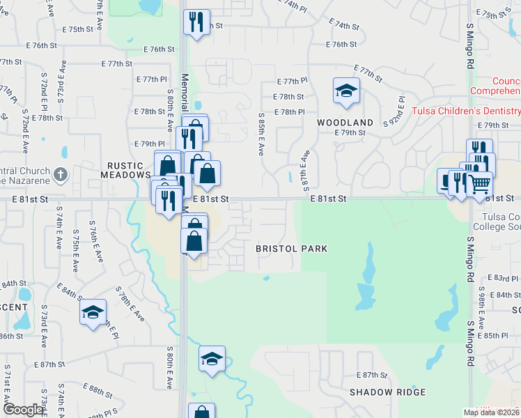 map of restaurants, bars, coffee shops, grocery stores, and more near 8461 East 81st Place South in Tulsa