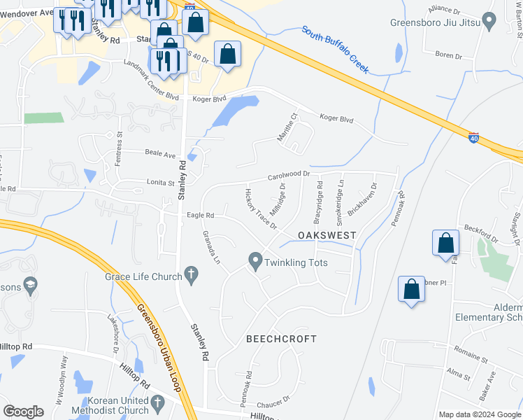 map of restaurants, bars, coffee shops, grocery stores, and more near 1115 Hickory Trace Drive in Greensboro