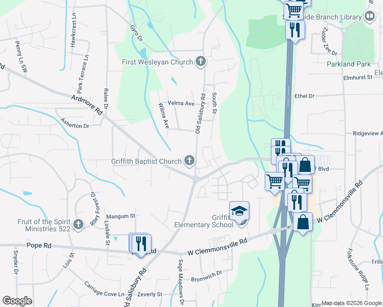 map of restaurants, bars, coffee shops, grocery stores, and more near 1957 Old Salisbury Road in Winston-Salem