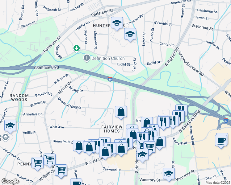 map of restaurants, bars, coffee shops, grocery stores, and more near 3610 Mosby Drive in Greensboro