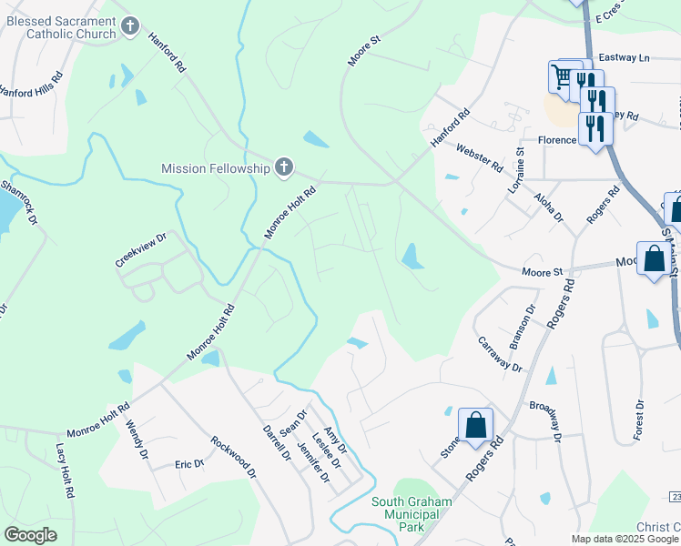 map of restaurants, bars, coffee shops, grocery stores, and more near 504 Sadia Trce in Graham