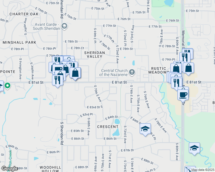 map of restaurants, bars, coffee shops, grocery stores, and more near 7030 East 80th Street in Tulsa