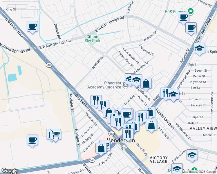 map of restaurants, bars, coffee shops, grocery stores, and more near 120 Nico Azalea Lane in Henderson