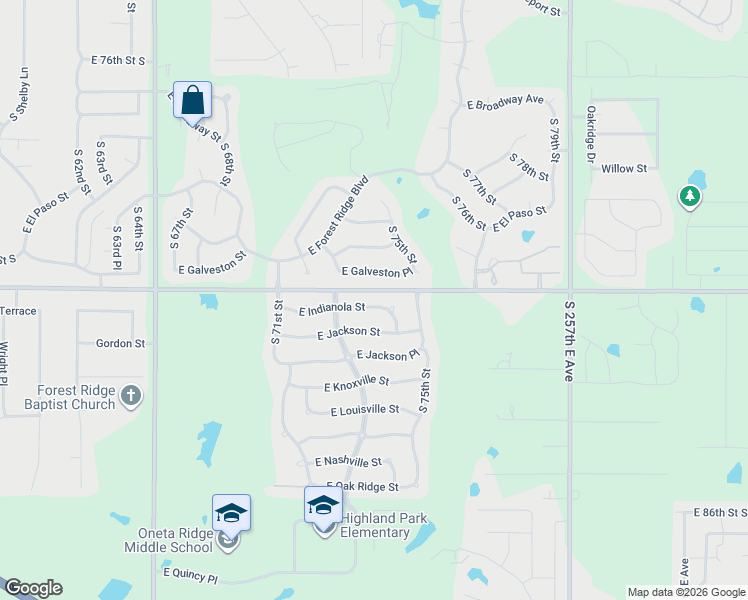 map of restaurants, bars, coffee shops, grocery stores, and more near 7424 East Indianola Street in Broken Arrow