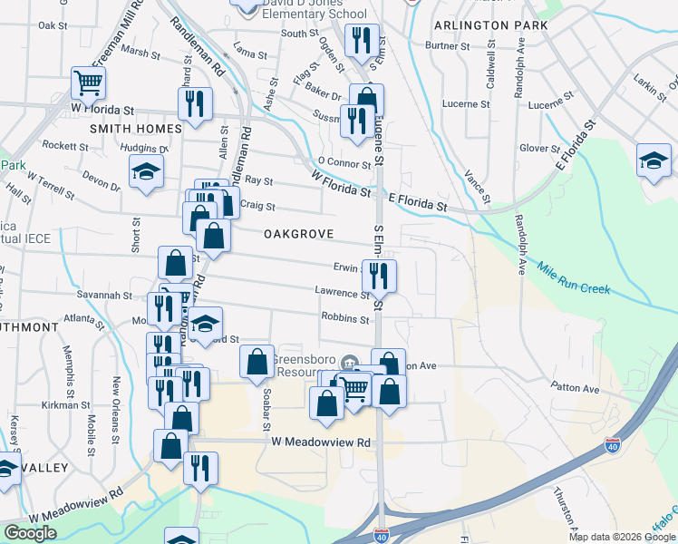 map of restaurants, bars, coffee shops, grocery stores, and more near 120 Erwin Street in Greensboro