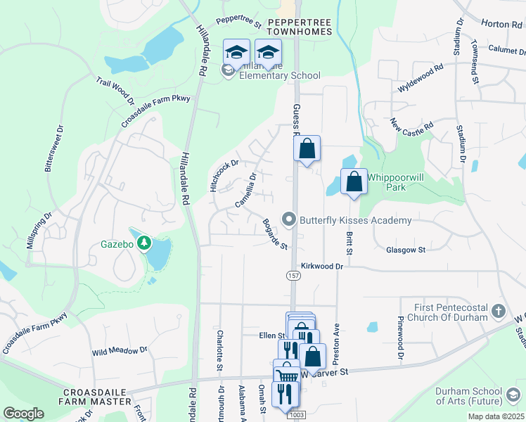 map of restaurants, bars, coffee shops, grocery stores, and more near 2602 Camellia Drive in Durham