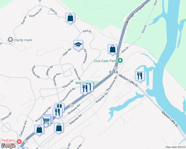 map of restaurants, bars, coffee shops, grocery stores, and more near 119-A Arcadia Lane in Oak Ridge