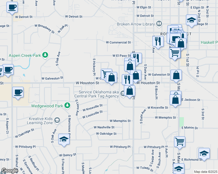 map of restaurants, bars, coffee shops, grocery stores, and more near 806 West Houston Street in Broken Arrow