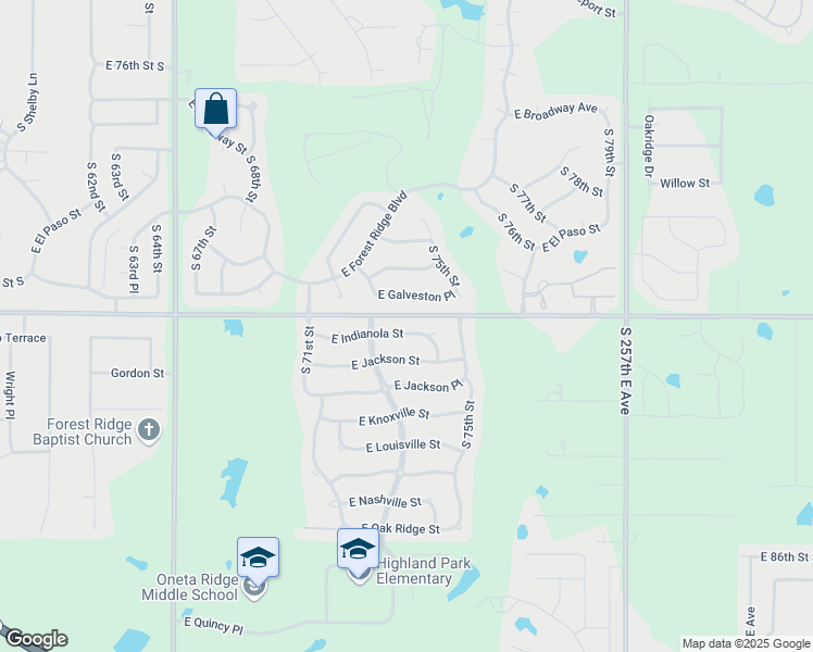 map of restaurants, bars, coffee shops, grocery stores, and more near 7420 East Indianola Street in Broken Arrow