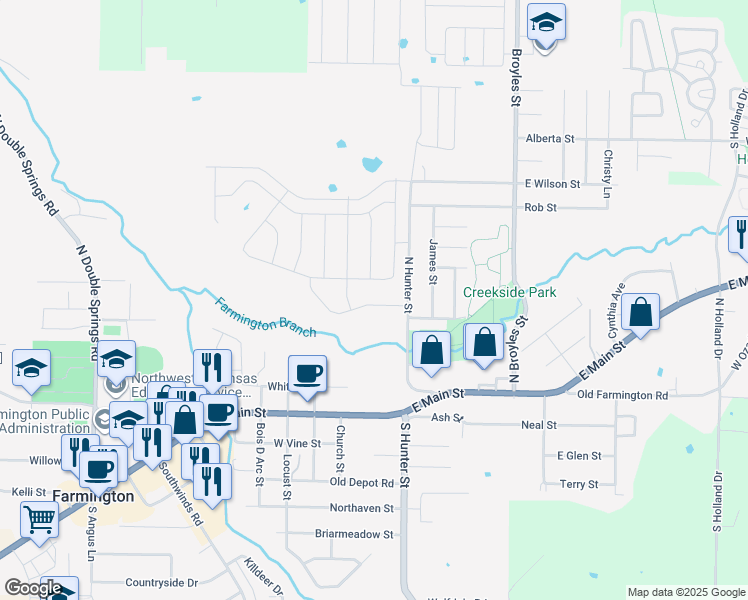 map of restaurants, bars, coffee shops, grocery stores, and more near 40 Watson Lane in Farmington