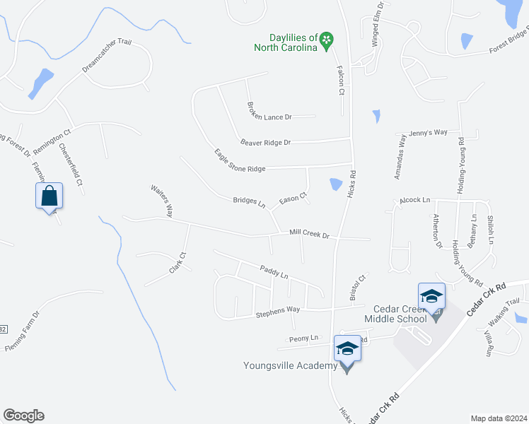 map of restaurants, bars, coffee shops, grocery stores, and more near 113 Bridges Lane in Youngsville