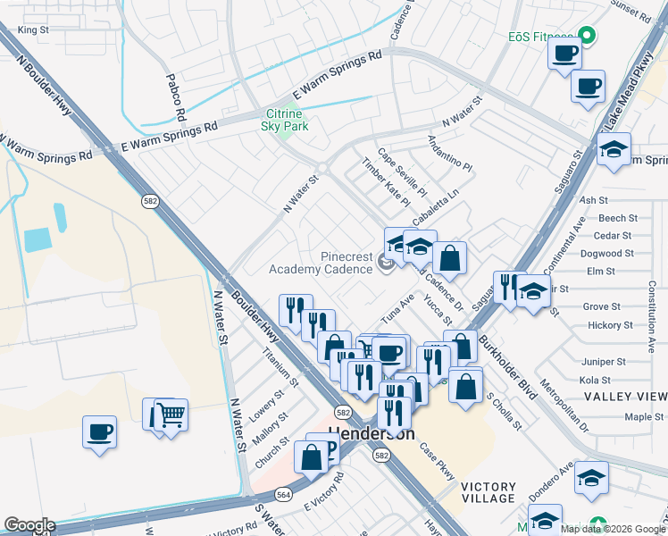 map of restaurants, bars, coffee shops, grocery stores, and more near 120 Nico Azalea Lane in Henderson