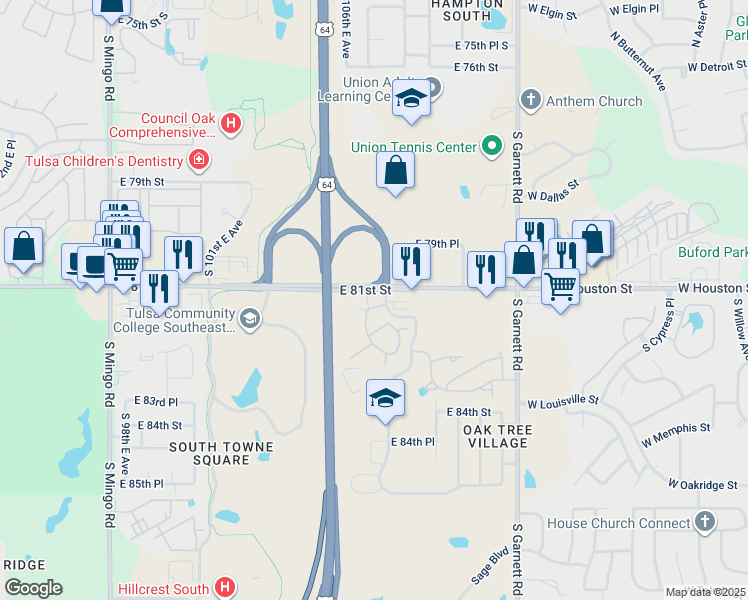 map of restaurants, bars, coffee shops, grocery stores, and more near 8110 South 107th East Avenue in Tulsa