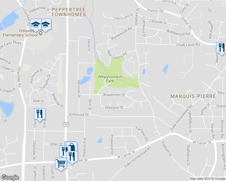 map of restaurants, bars, coffee shops, grocery stores, and more near 4 Tartan Court in Durham