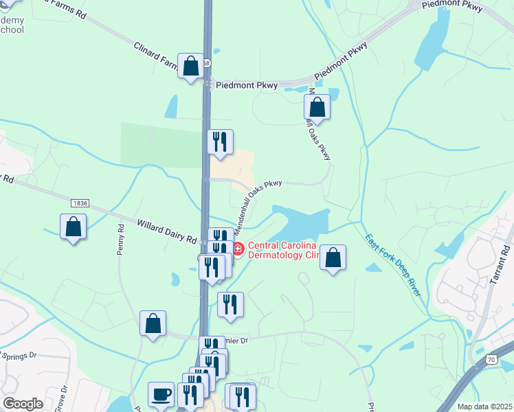 map of restaurants, bars, coffee shops, grocery stores, and more near 4100 Mendenhall Oaks Parkway in High Point
