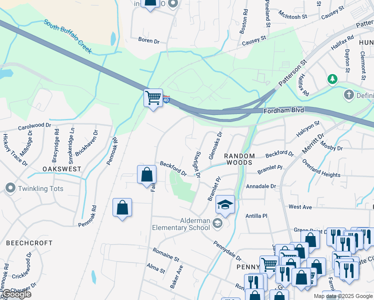 map of restaurants, bars, coffee shops, grocery stores, and more near 46 Ledgerstone Lane in Greensboro