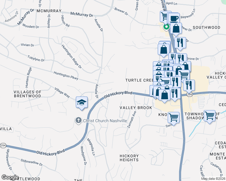 map of restaurants, bars, coffee shops, grocery stores, and more near 5740 Amalie Drive in Nashville