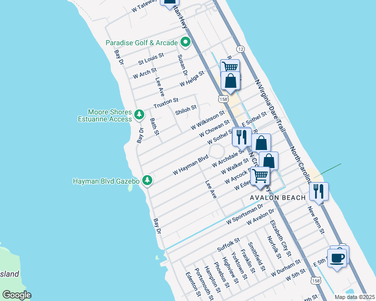 map of restaurants, bars, coffee shops, grocery stores, and more near 404 West Sothel Street in Kill Devil Hills