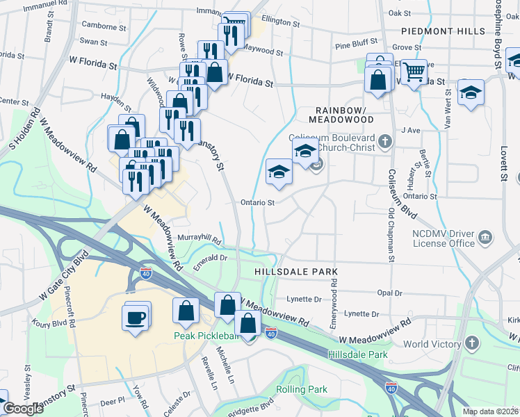map of restaurants, bars, coffee shops, grocery stores, and more near 2306 Ontario Street in Greensboro