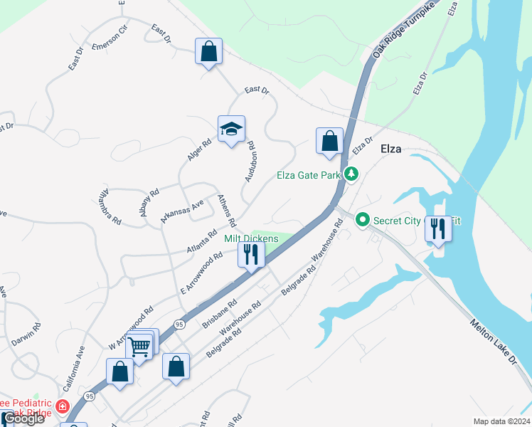 map of restaurants, bars, coffee shops, grocery stores, and more near 119-A Arcadia Lane in Oak Ridge