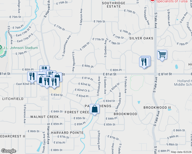 map of restaurants, bars, coffee shops, grocery stores, and more near 3763 East 81st Place in Tulsa