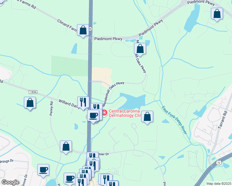 map of restaurants, bars, coffee shops, grocery stores, and more near 4100 Mendenhall Oaks Parkway in High Point