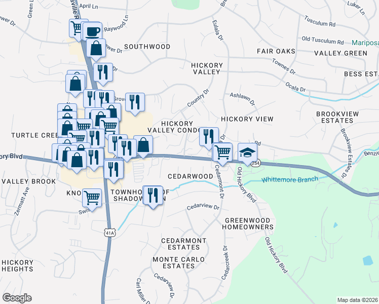 map of restaurants, bars, coffee shops, grocery stores, and more near 2001 Pinecrest Drive in Nashville