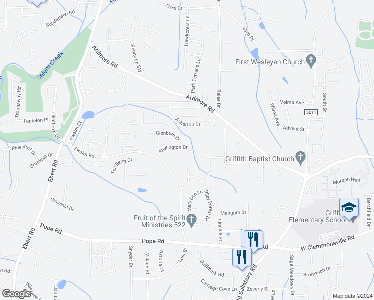 map of restaurants, bars, coffee shops, grocery stores, and more near 1880 Shillington Drive in Winston-Salem