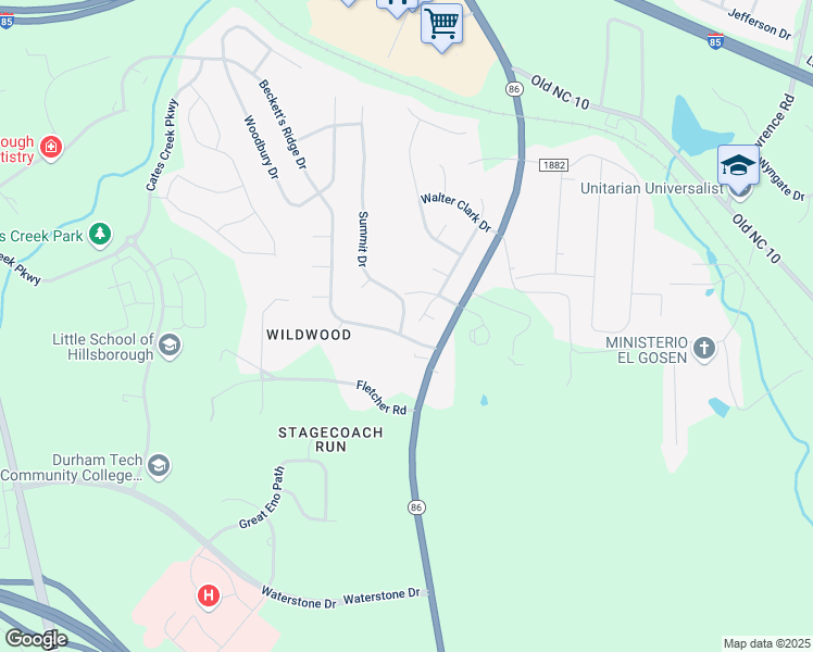 map of restaurants, bars, coffee shops, grocery stores, and more near 2615 Wade Hampton Road in Hillsborough