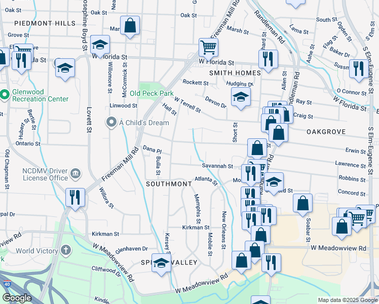 map of restaurants, bars, coffee shops, grocery stores, and more near 2200 Savannah Court in Greensboro