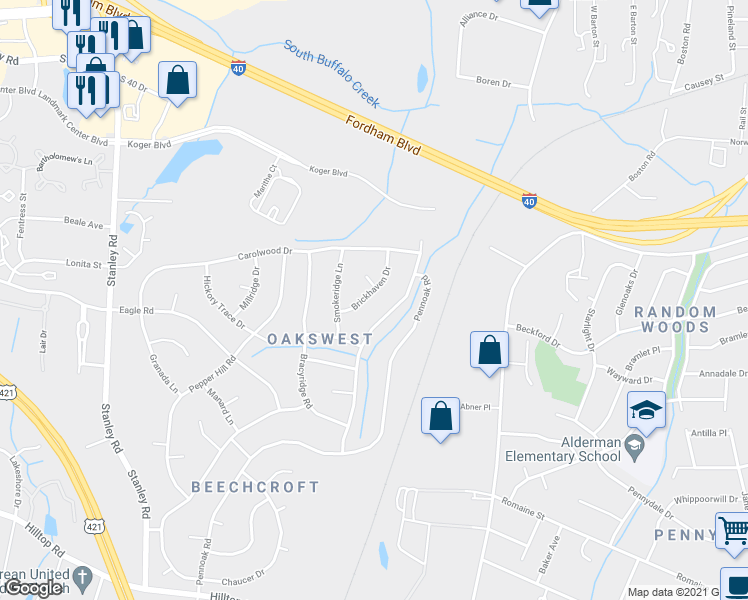 map of restaurants, bars, coffee shops, grocery stores, and more near 2103 Brickhaven Drive in Greensboro