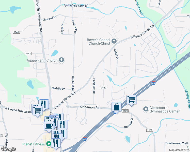 map of restaurants, bars, coffee shops, grocery stores, and more near 873 South Peace Haven Road in Winston-Salem